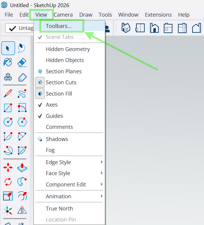 SketchUp menu screenshot showing the View menu and the Toolbars menu item.